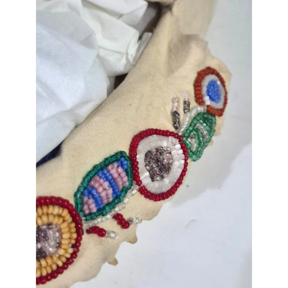 Vintage Crow Beaded Hide Moccasins featuring Intricate Colorful Glass Beadwork